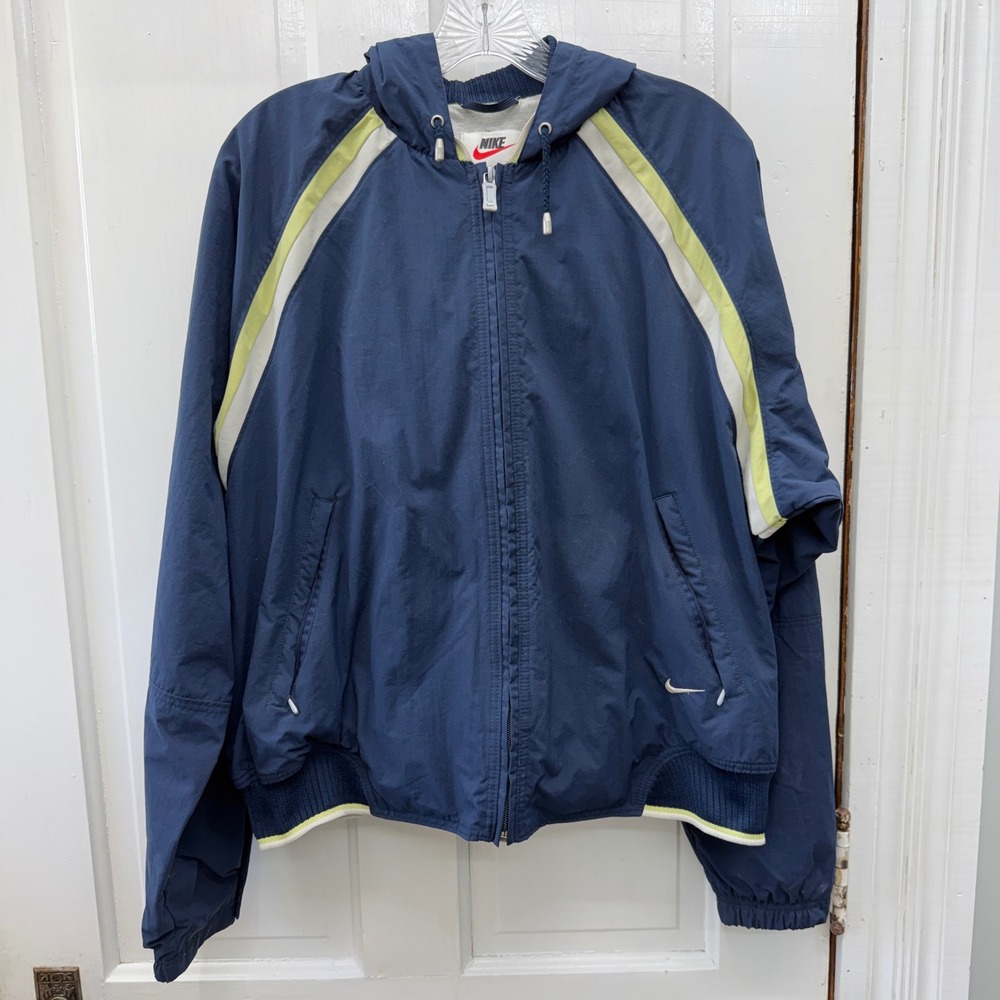 Vintage Nike Navy Blue Hooded Windbreaker Jacket XL 16 18 Full Zip Stripe